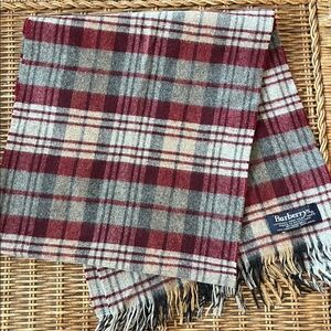 Vintage Burberrys Mens Cashmere Wool Classic Nova Plaid Scarf Burgundy Gray